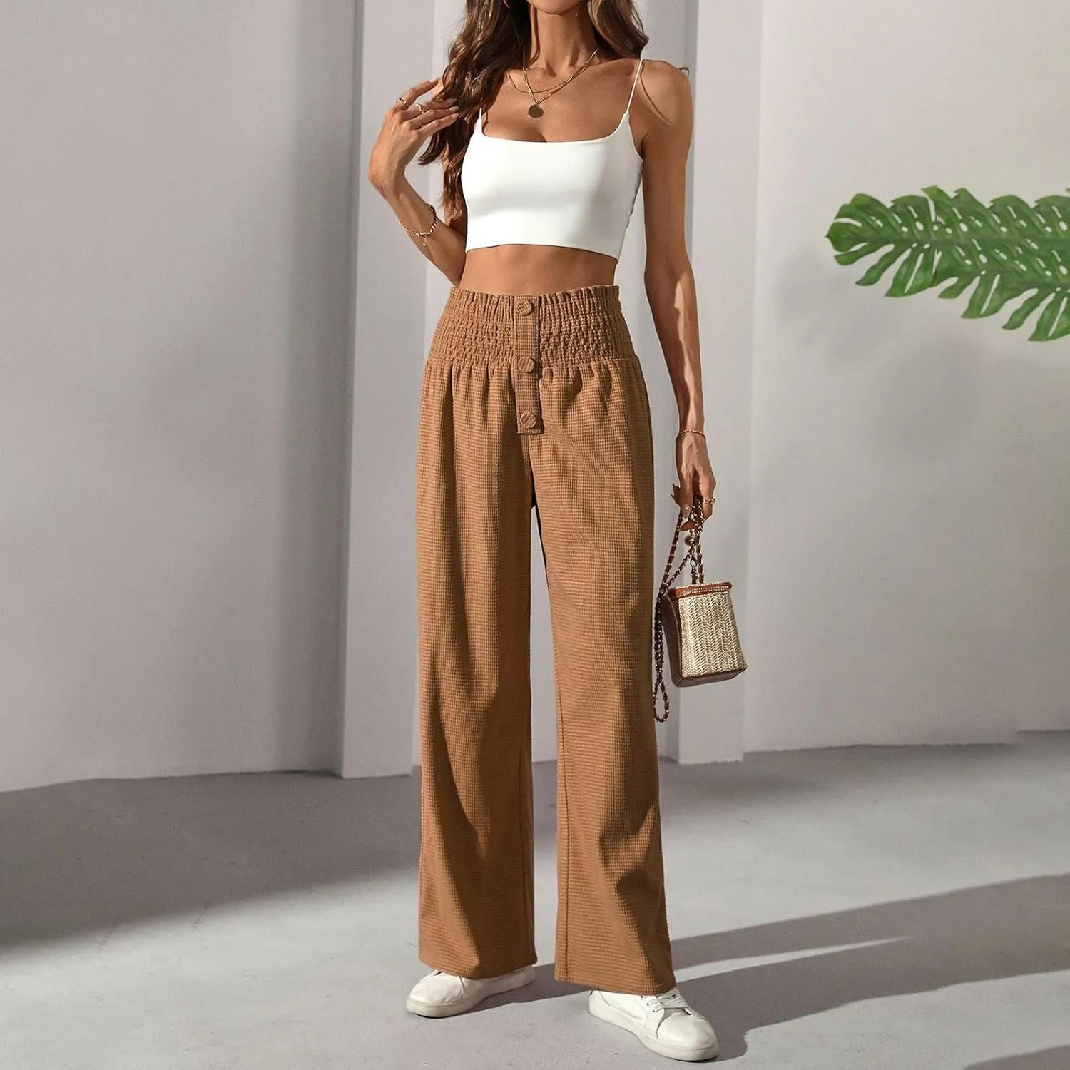 Women's Fall Winter Plaid Casual Long Pants Straight Leg Elastic High Waist Pants Solid Color Comfy Baggy Trousers