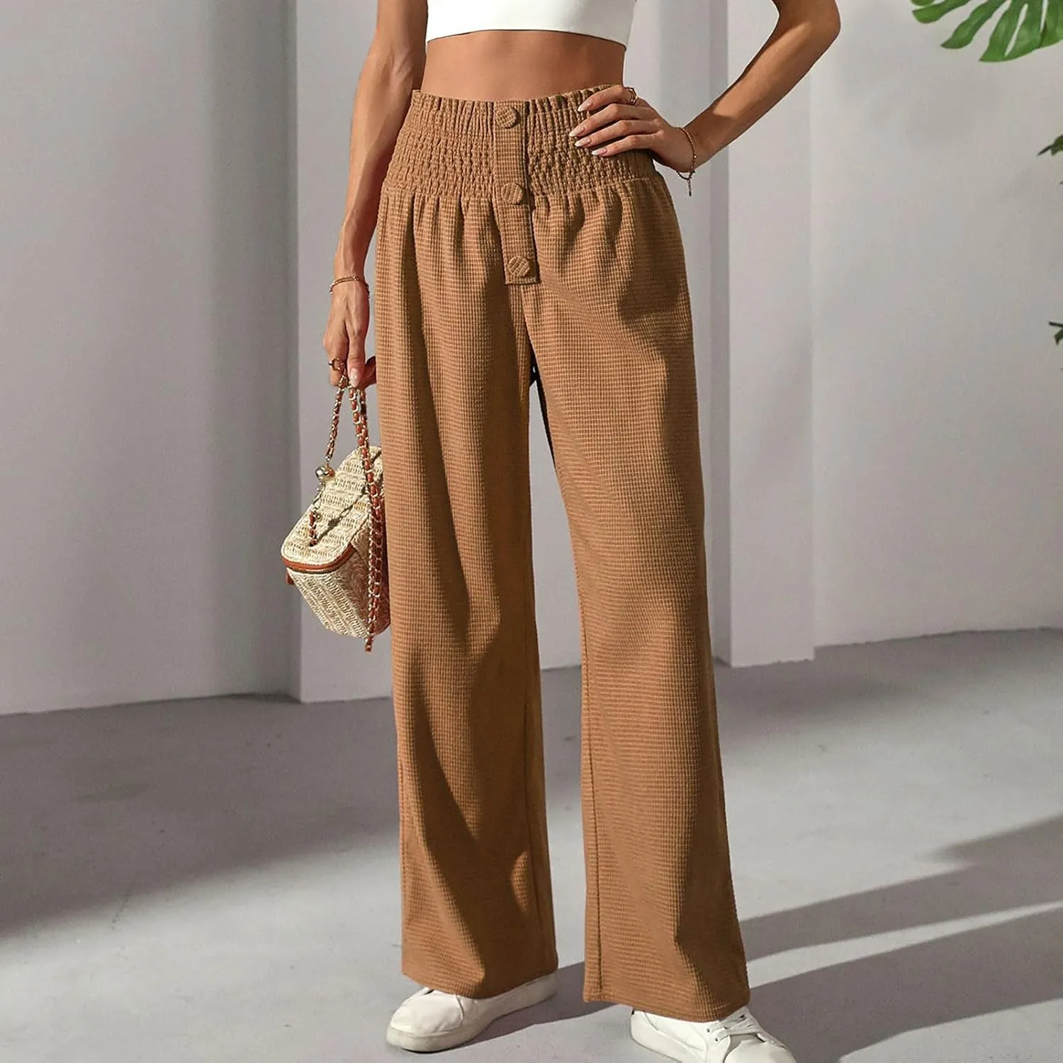 Women's Fall Winter Plaid Casual Long Pants Straight Leg Elastic High Waist Pants Solid Color Comfy Baggy Trousers