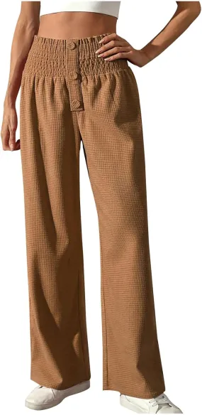 Women's Fall Winter Plaid Casual Long Pants Straight Leg Elastic High Waist Pants Solid Color Comfy Baggy Trousers