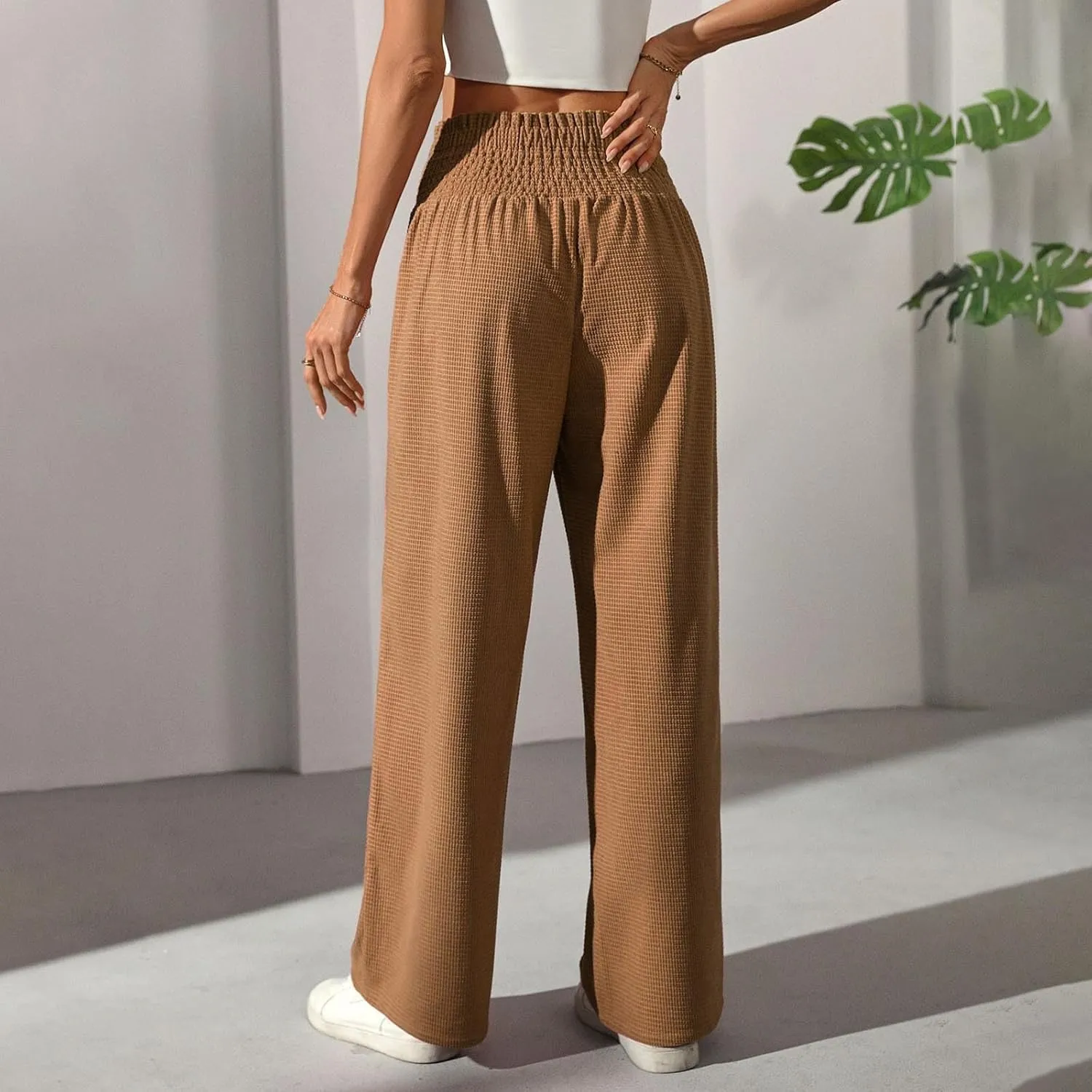 Women's Fall Winter Plaid Casual Long Pants Straight Leg Elastic High Waist Pants Solid Color Comfy Baggy Trousers