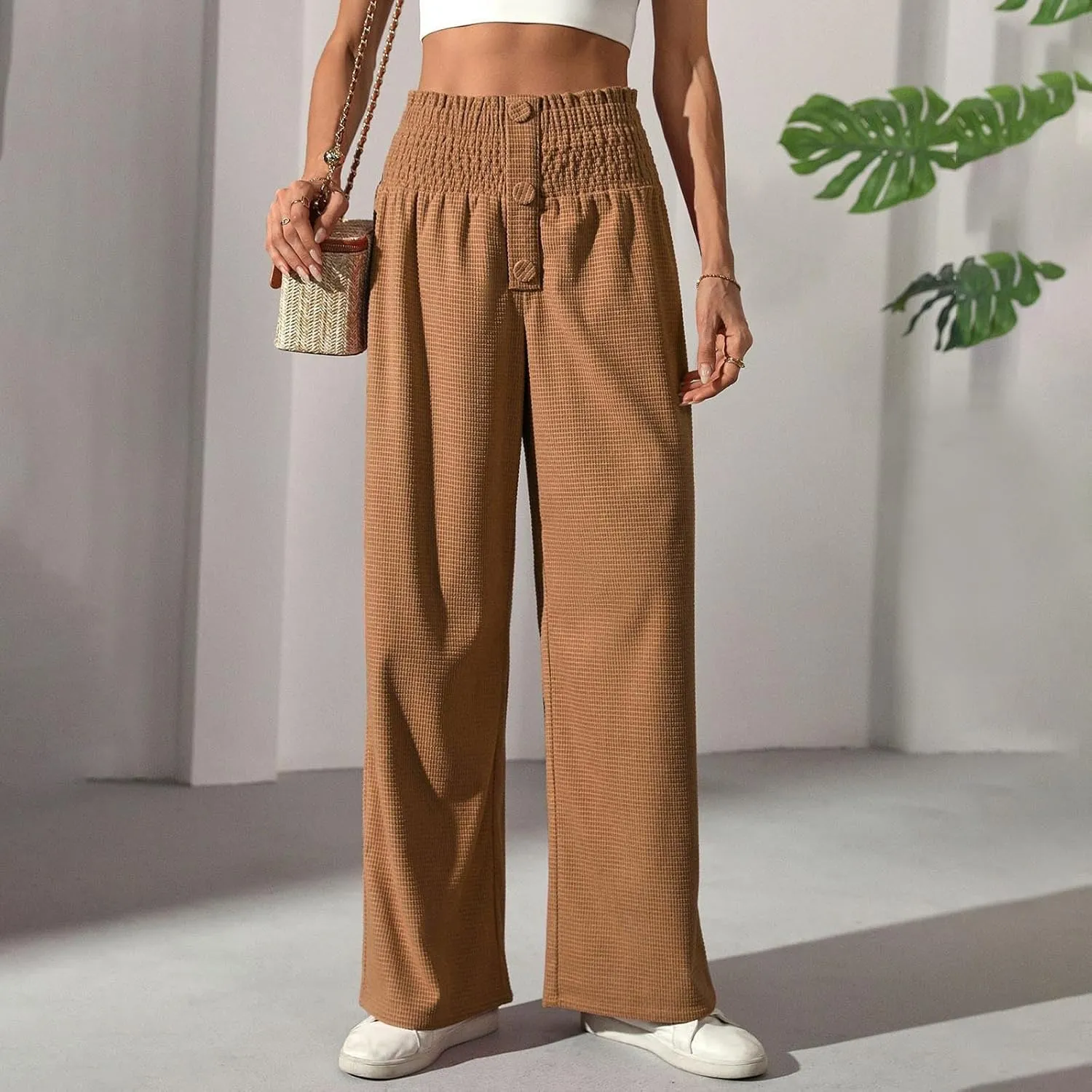 Women's Fall Winter Plaid Casual Long Pants Straight Leg Elastic High Waist Pants Solid Color Comfy Baggy Trousers