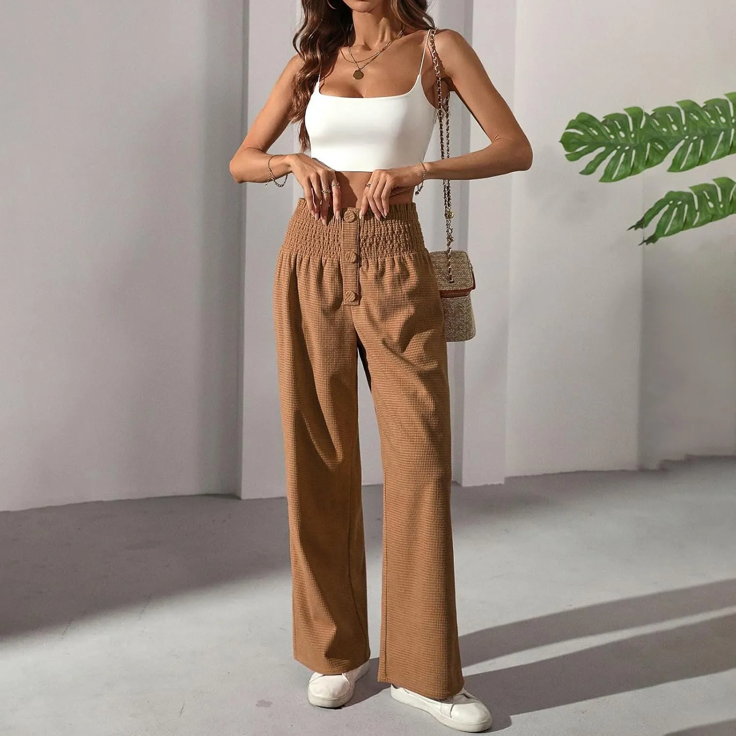 Women's Fall Winter Plaid Casual Long Pants Straight Leg Elastic High Waist Pants Solid Color Comfy Baggy Trousers