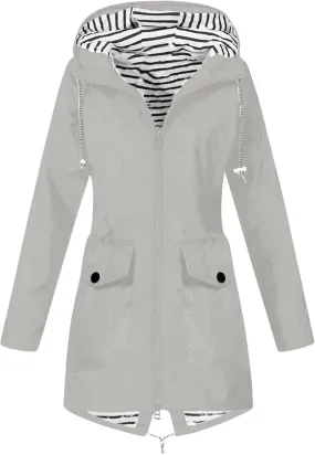 Women's Hooded Rain Jacket Lightweight Windbreaker with Drawstring Waist and Striped Light Rain Jacket Women