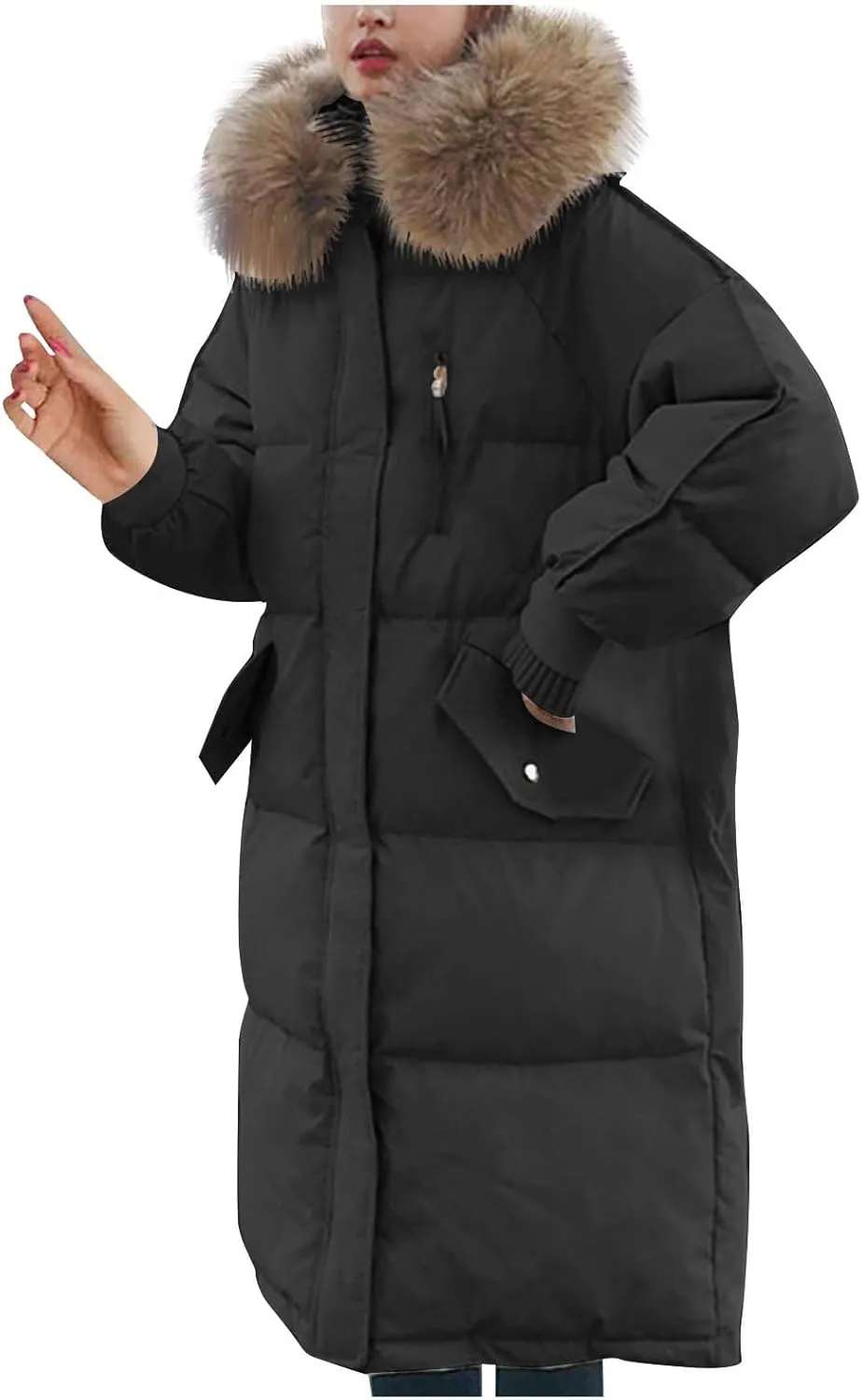 Women's Hooded Warm Winter Down Coat Oversized Pockets Quilted Thicken Puffer Jacket Outerwear with Faux Fur Hood