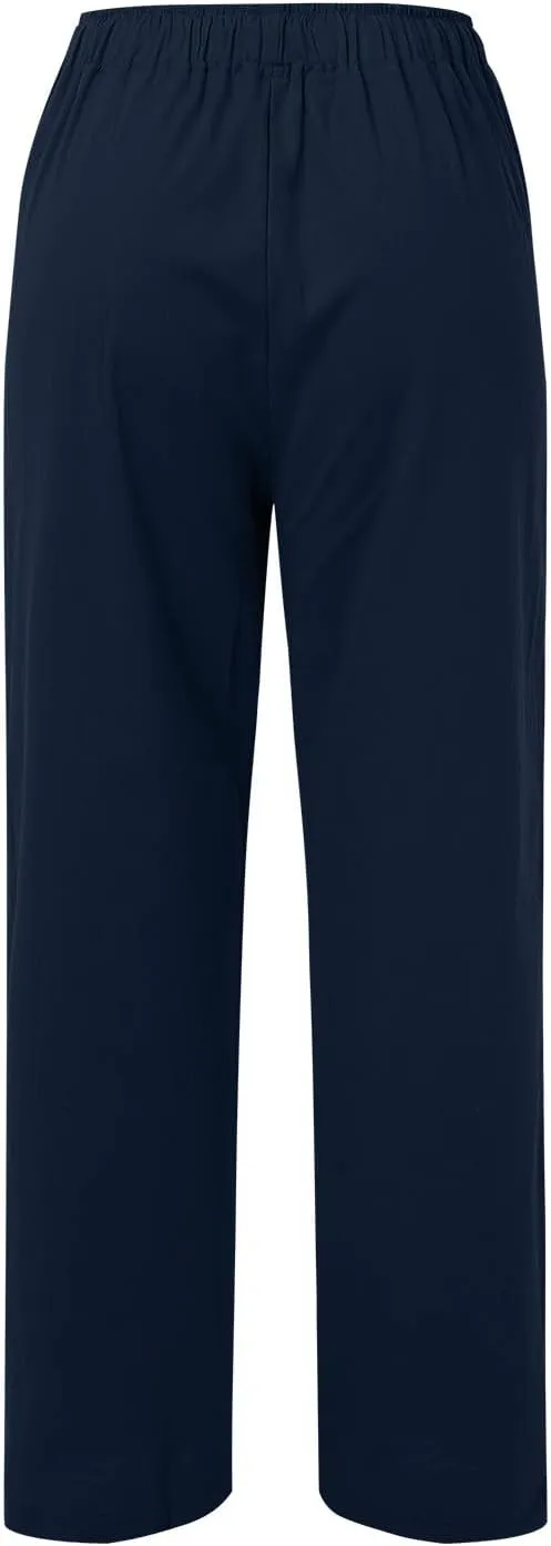 Women's Linen Summer Palazzo Pants Flowy Wide Leg Beach Pants Elastic High Waisted Button Trousers with Pocket