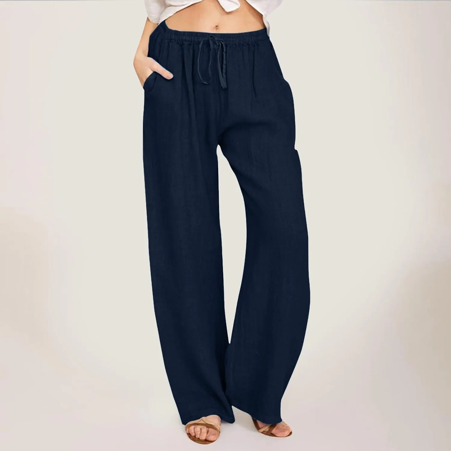 Women's Linen Summer Palazzo Pants Flowy Wide Leg Beach Pants Elastic High Waisted Button Trousers with Pocket