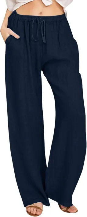 Women's Linen Summer Palazzo Pants Flowy Wide Leg Beach Pants Elastic High Waisted Button Trousers with Pocket