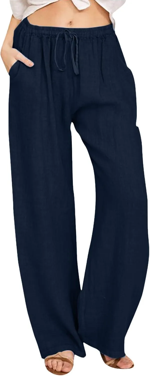 Women's Linen Summer Palazzo Pants Flowy Wide Leg Beach Pants Elastic High Waisted Button Trousers with Pocket