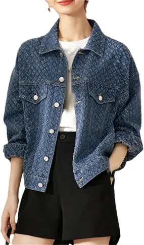 Women's Printed Denim Jacket Casual Loose Lapel Long Sleeve Short Denim Jacket