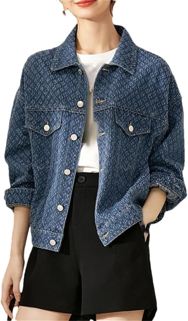 Women's Printed Denim Jacket Casual Loose Lapel Long Sleeve Short Denim Jacket