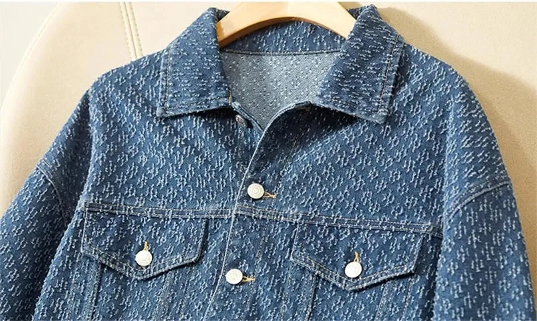 Women's Printed Denim Jacket Casual Loose Lapel Long Sleeve Short Denim Jacket