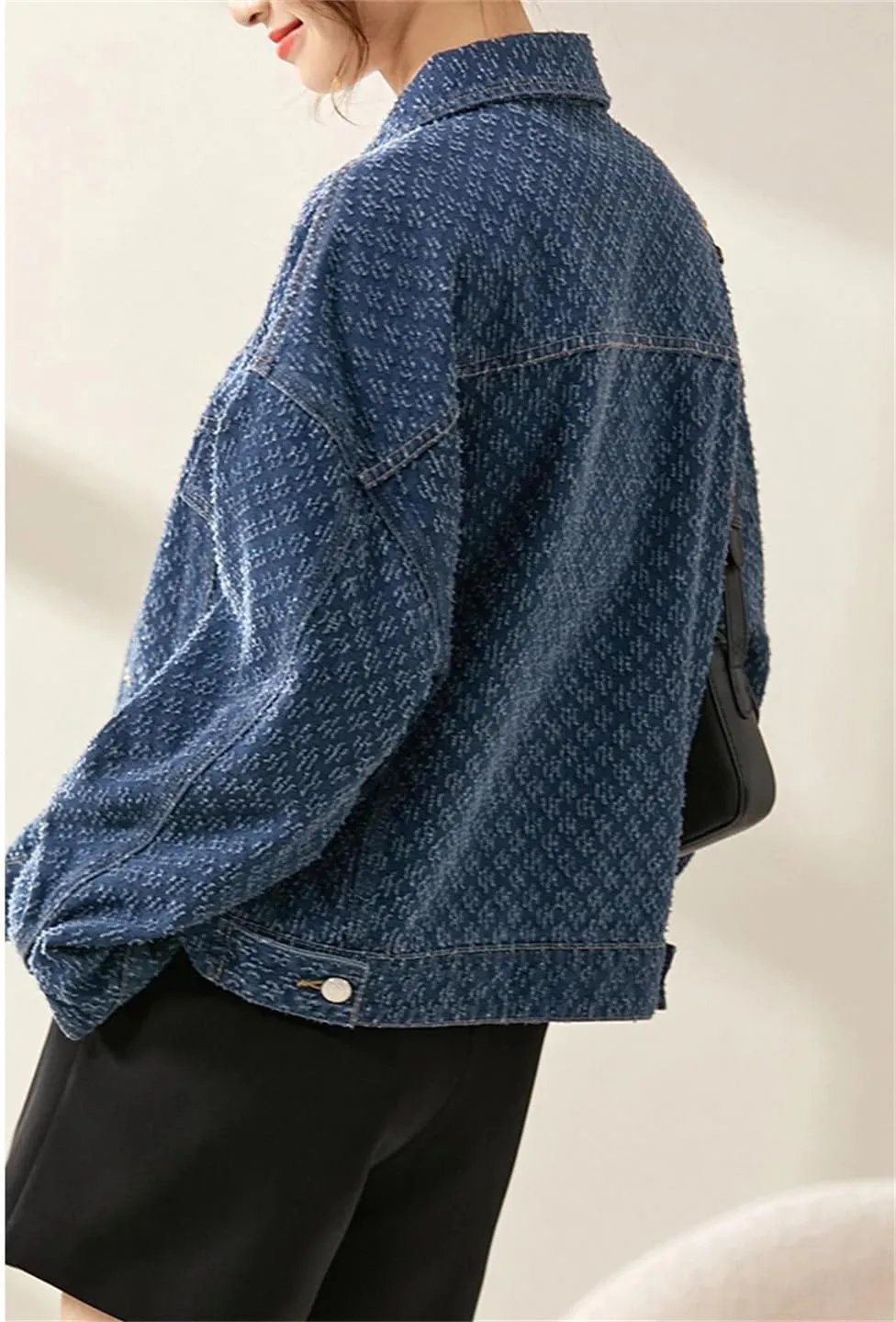 Women's Printed Denim Jacket Casual Loose Lapel Long Sleeve Short Denim Jacket