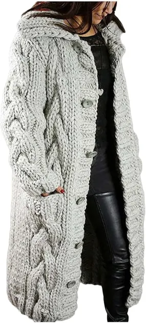 Womens Rib Knit Long Jacket Hooded Button Down Sweater Cardigan for Women Chunky Thermal Leisure Sweater Jacket