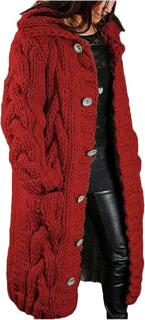 Womens Rib Knit Long Jacket Hooded Button Down Sweater Cardigan for Women Chunky Thermal Leisure Sweater Jacket