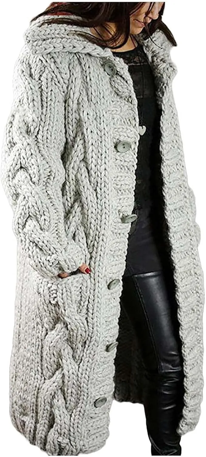 Womens Rib Knit Long Jacket Hooded Button Down Sweater Cardigan for Women Chunky Thermal Leisure Sweater Jacket