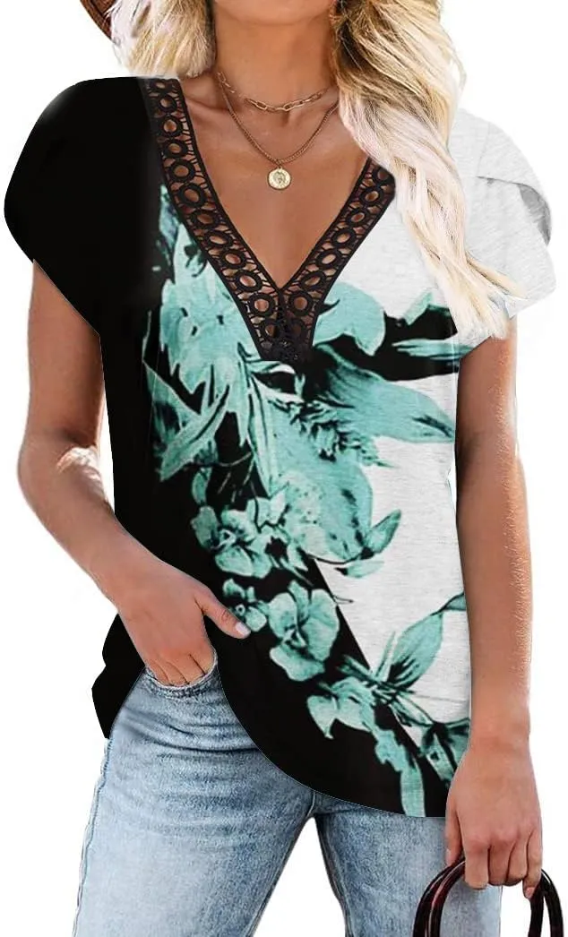 Women's Short Petal Sleeve Shirts V Neck Lace T Shirt Loose Fit Tops