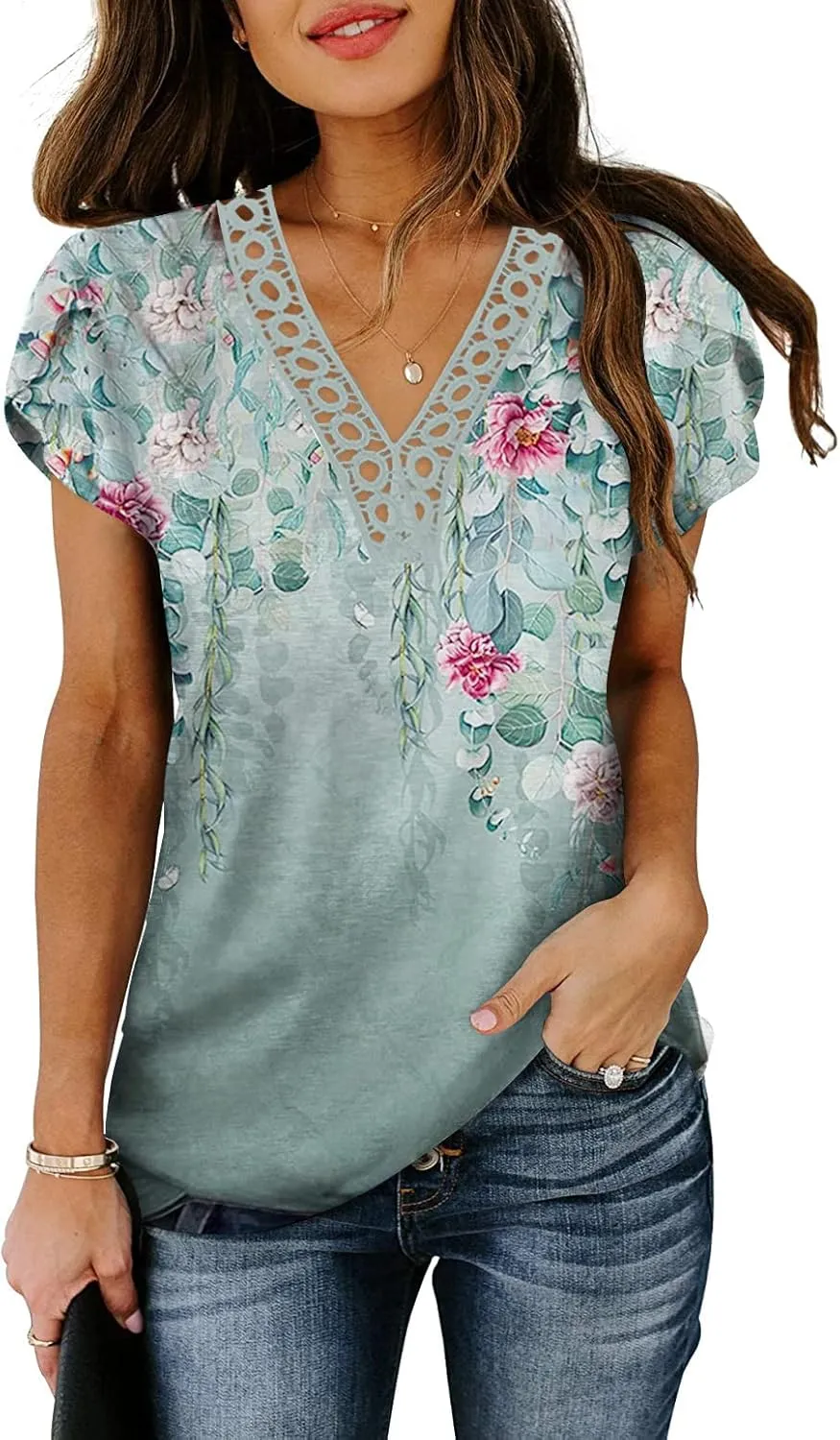 Women's Short Petal Sleeve Shirts V Neck Lace T Shirt Loose Fit Tops