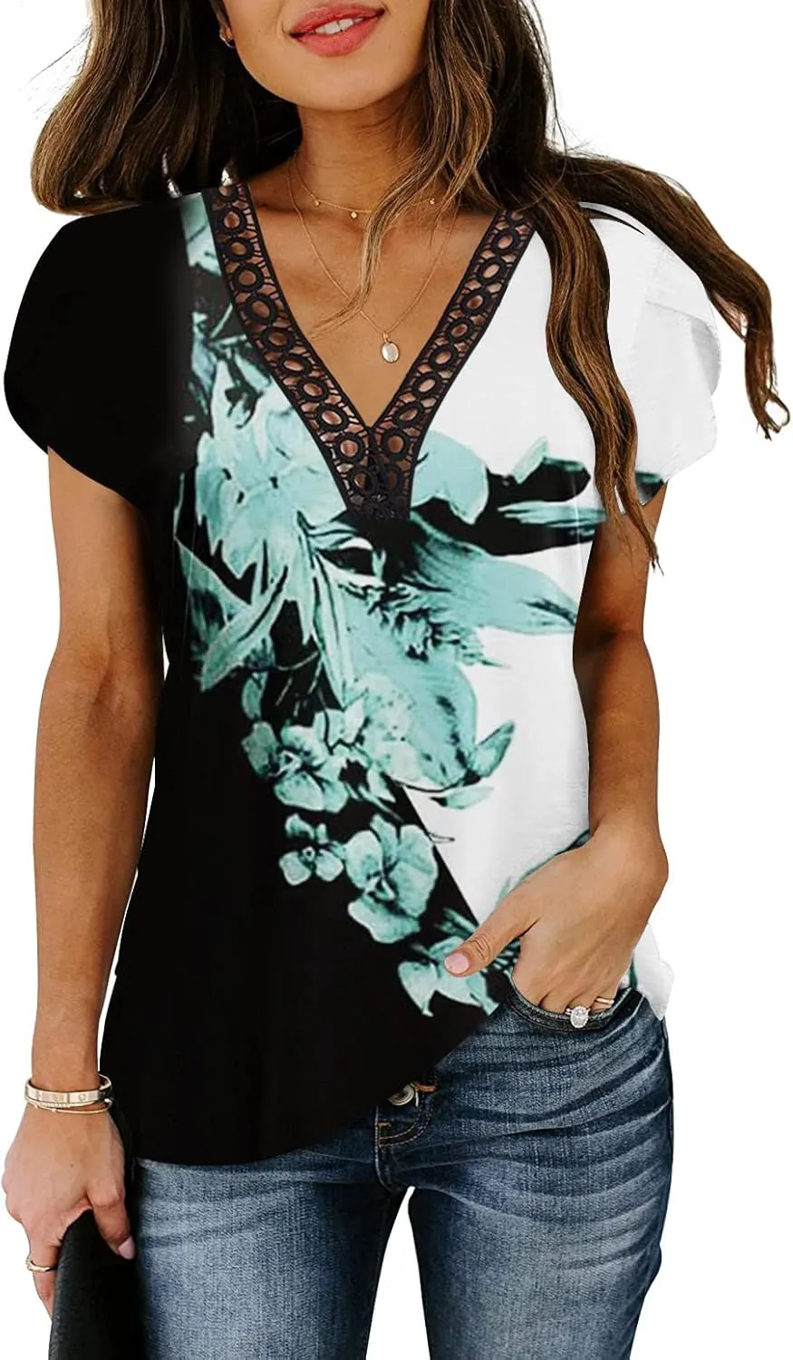 Women's Short Petal Sleeve Shirts V Neck Lace T Shirt Loose Fit Tops