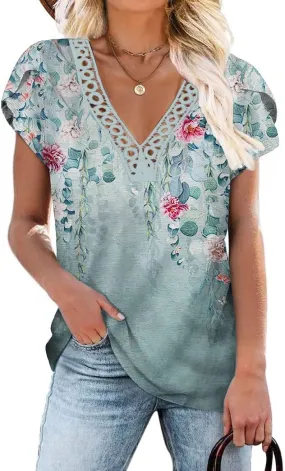 Women's Short Petal Sleeve Shirts V Neck Lace T Shirt Loose Fit Tops