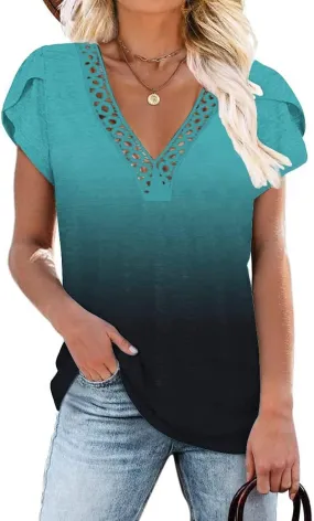 Women's Short Petal Sleeve Shirts V Neck Lace T Shirt Loose Fit Tops