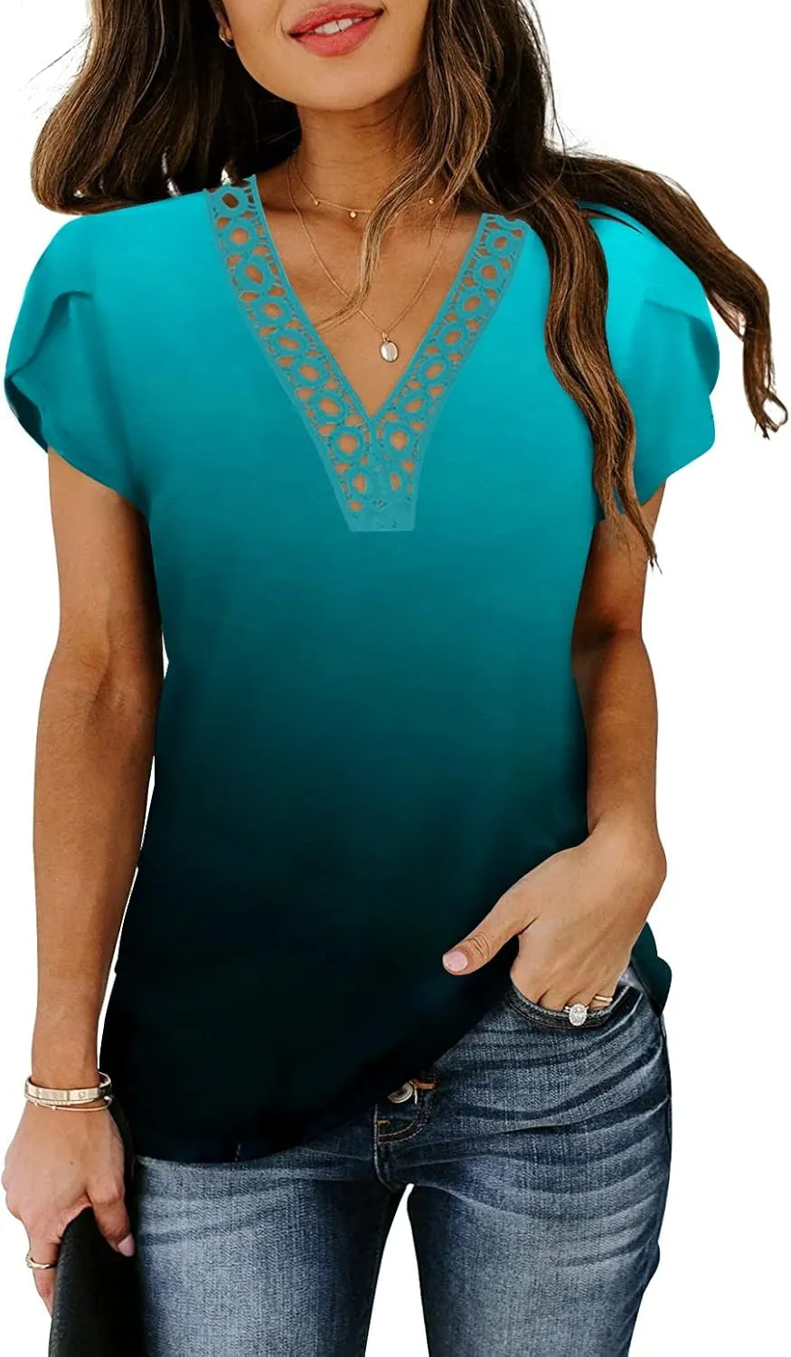 Women's Short Petal Sleeve Shirts V Neck Lace T Shirt Loose Fit Tops
