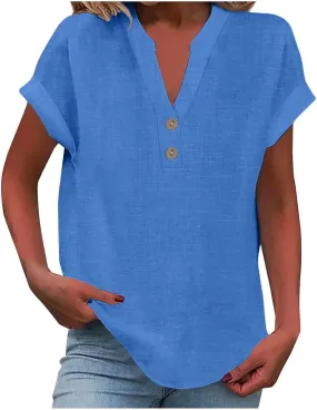 Womens Short Sleeve Cotton Linen Shirts Casual V Neck Dressy T-Shirt Boho Loose Summer Tshirt