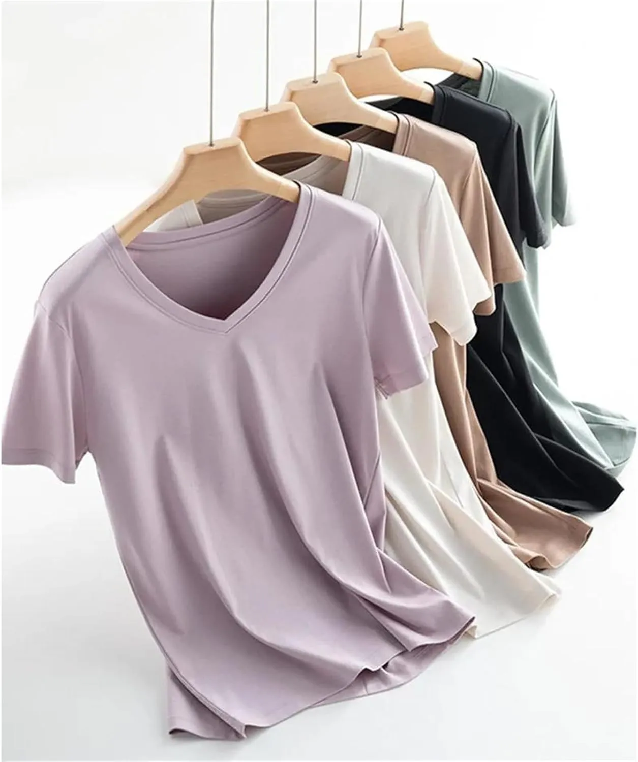 Women's Silk Cotton T Shirt Women T-Shirt Loose V Neck Slim Short Sleeve Top Casual Shirts