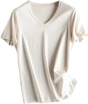 Women's Silk Cotton T Shirt Women T-Shirt Loose V Neck Slim Short Sleeve Top Casual Shirts