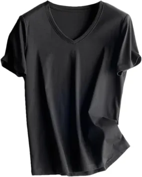 Women's Silk Cotton T Shirt Women T-Shirt Loose V Neck Slim Short Sleeve Top Casual Shirts