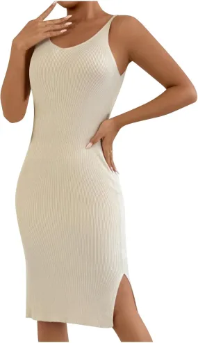 Women's Sleeveless Bodycon Dress Ribbed Knit Summer Midi Dress Casual Slim Fit Spaghetti Strap Dress