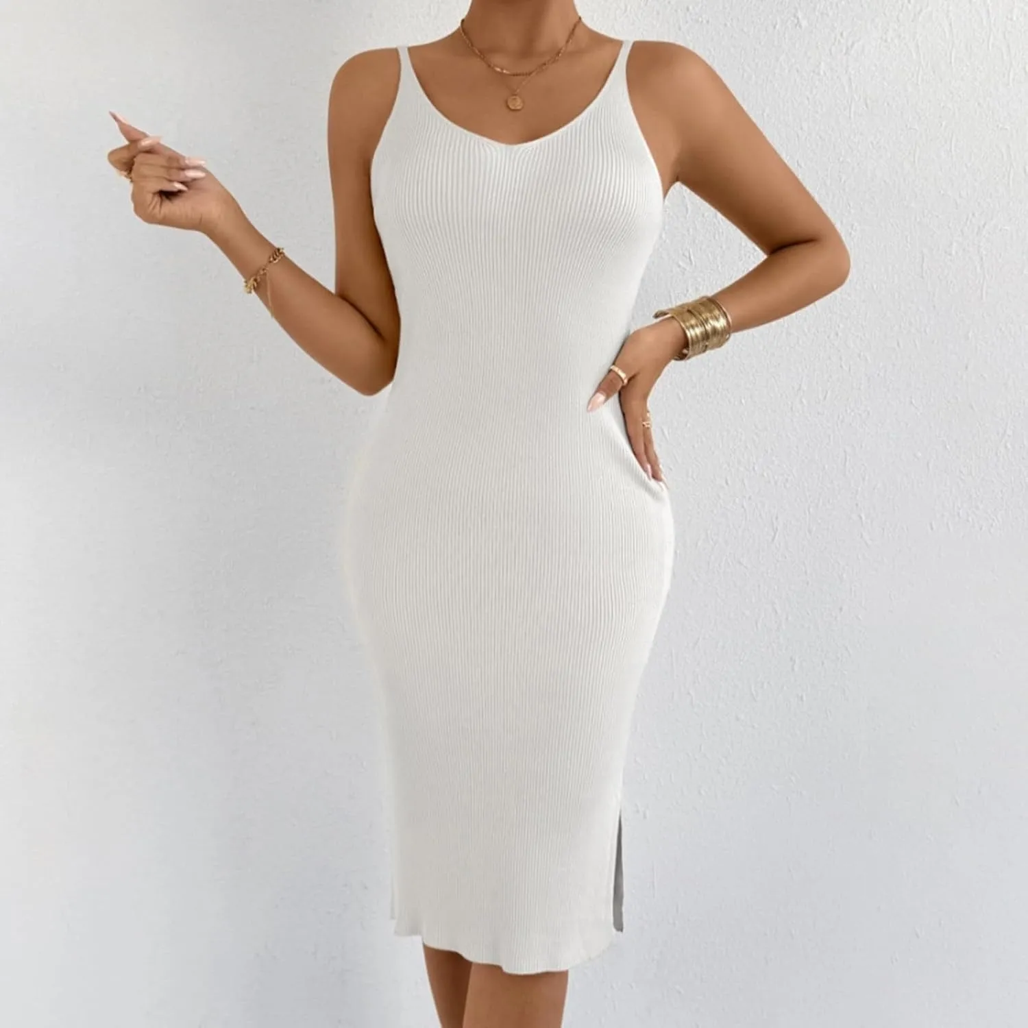 Women's Sleeveless Bodycon Dress Ribbed Knit Summer Midi Dress Casual Slim Fit Spaghetti Strap Dress