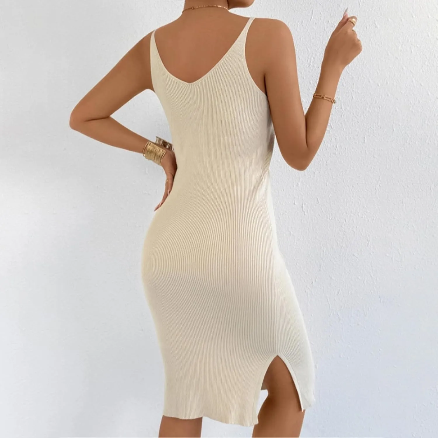 Women's Sleeveless Bodycon Dress Ribbed Knit Summer Midi Dress Casual Slim Fit Spaghetti Strap Dress
