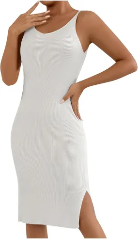 Women's Sleeveless Bodycon Dress Ribbed Knit Summer Midi Dress Casual Slim Fit Spaghetti Strap Dress