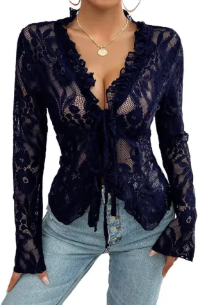 Women's Spring and Summer Sexy Lace Cardigan Long Sleeve Casual Open Tie Front Top