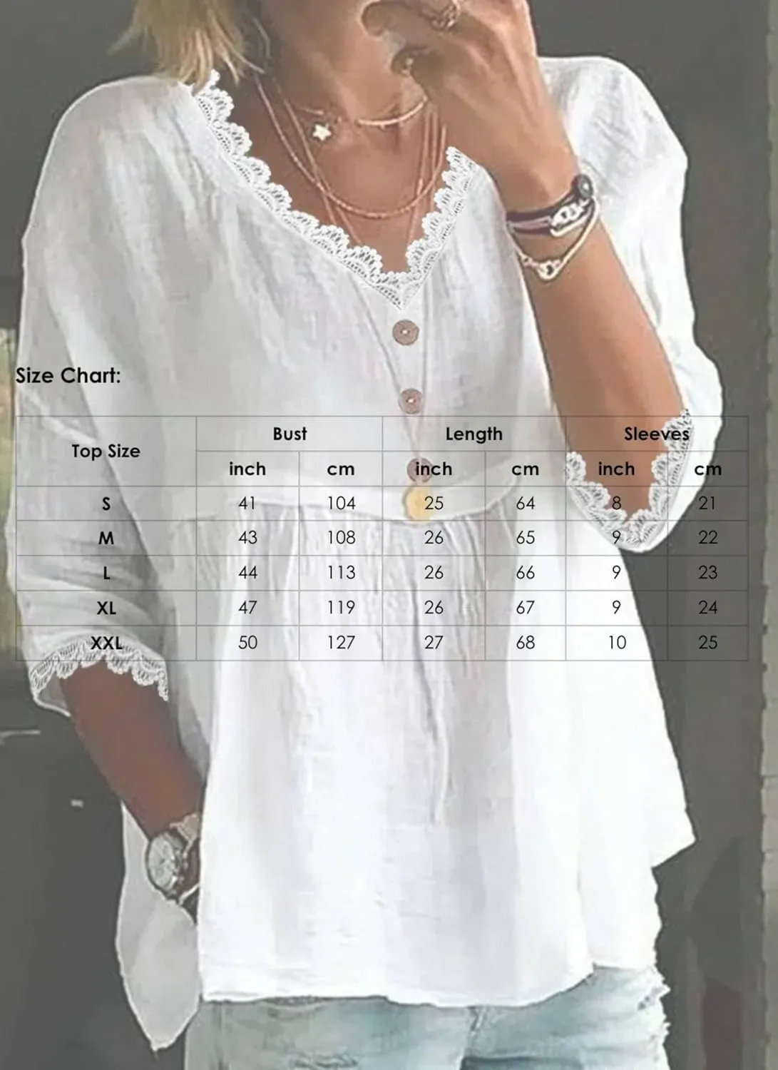 Womens Summer Shirt 3/4 Sleeve Lace Tirm Loose Fit Casual Peplum Tops