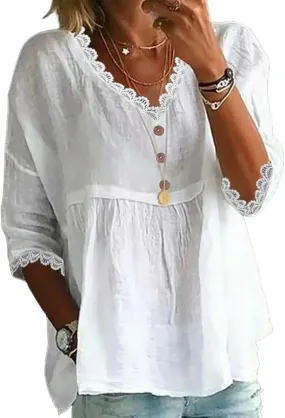 Womens Summer Shirt 3/4 Sleeve Lace Tirm Loose Fit Casual Peplum Tops