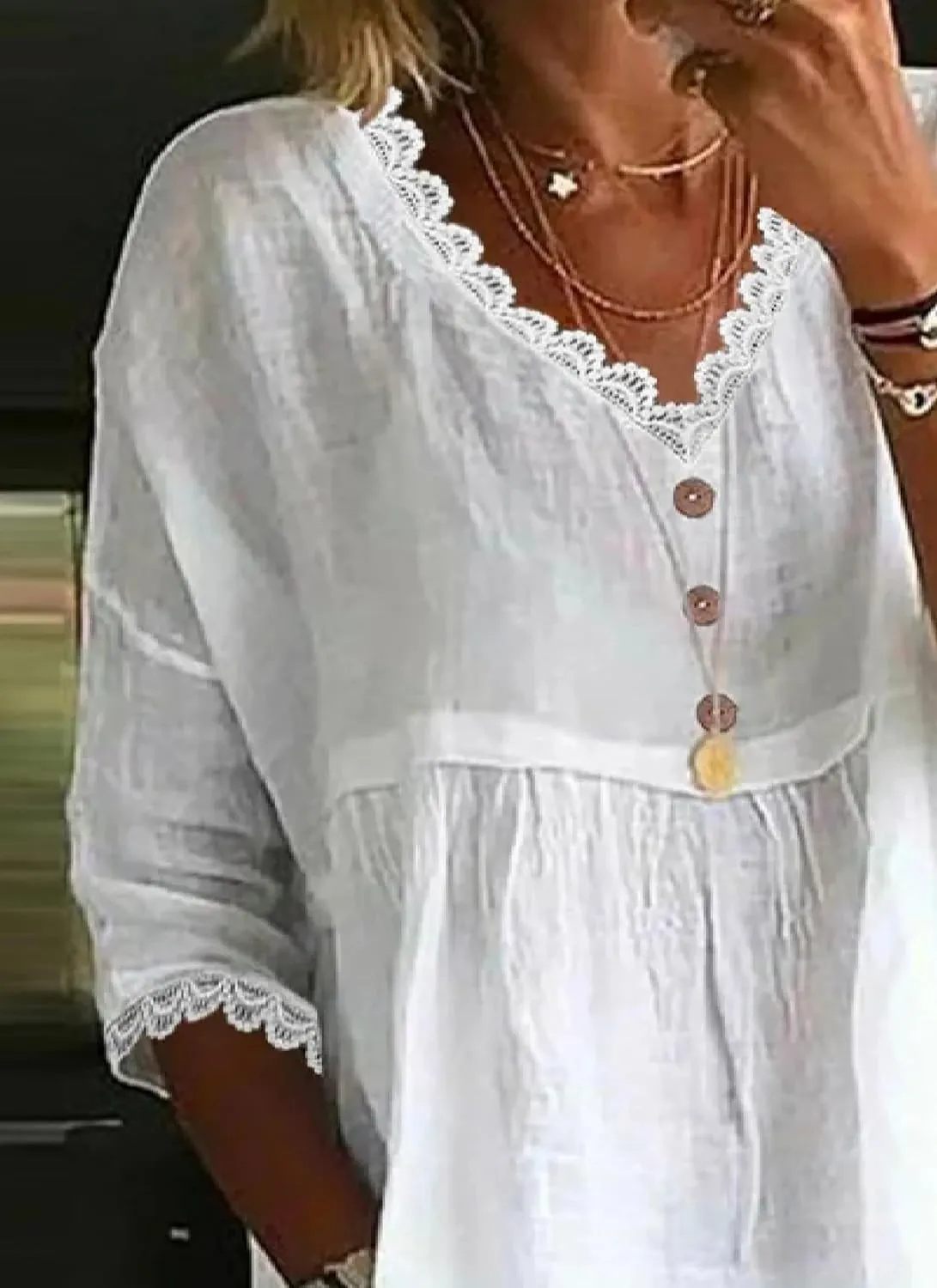 Womens Summer Shirt 3/4 Sleeve Lace Tirm Loose Fit Casual Peplum Tops