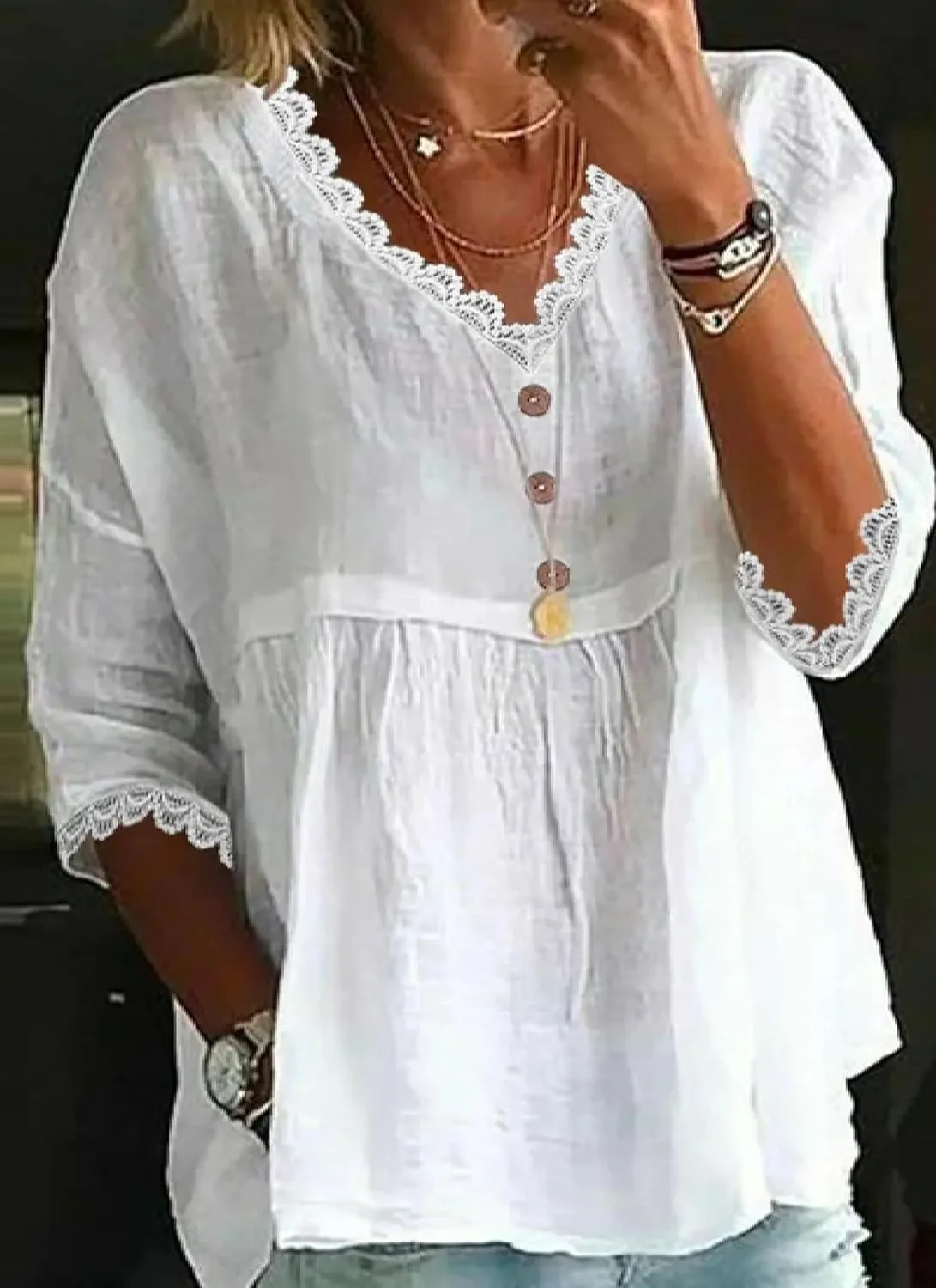 Womens Summer Shirt 3/4 Sleeve Lace Tirm Loose Fit Casual Peplum Tops