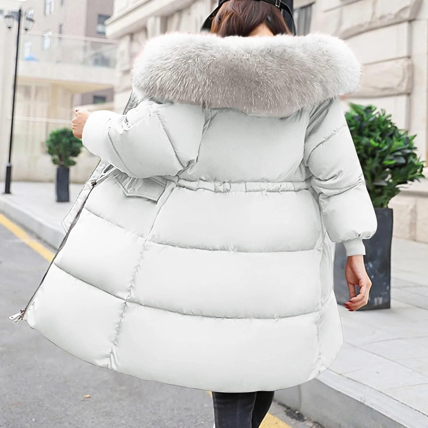 Women's Thicken Faux Fur Hooded Coats Plus Size Tunic Drawstring Zip Up Puffer Jacket Winter Trendy Warm Down Jackets