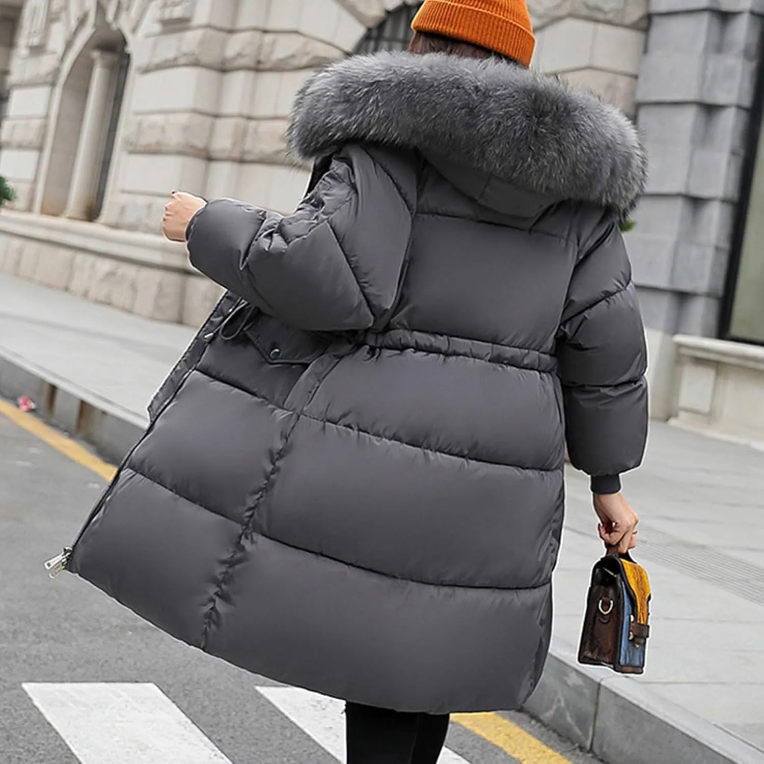 Women's Thicken Faux Fur Hooded Coats Plus Size Tunic Drawstring Zip Up Puffer Jacket Winter Trendy Warm Down Jackets