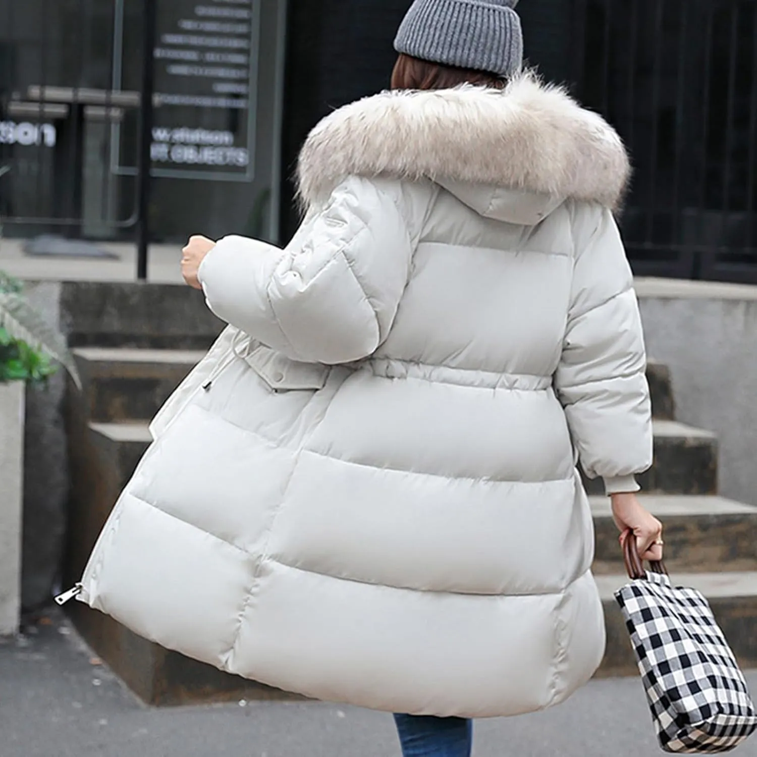 Women's Thicken Faux Fur Hooded Coats Plus Size Tunic Drawstring Zip Up Puffer Jacket Winter Trendy Warm Down Jackets
