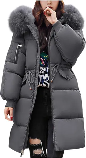 Women's Thicken Faux Fur Hooded Coats Plus Size Tunic Drawstring Zip Up Puffer Jacket Winter Trendy Warm Down Jackets
