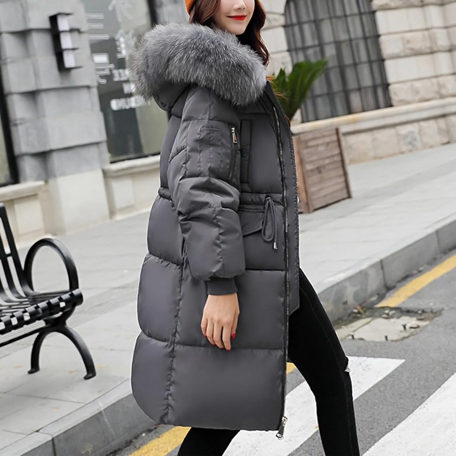 Women's Thicken Faux Fur Hooded Coats Plus Size Tunic Drawstring Zip Up Puffer Jacket Winter Trendy Warm Down Jackets