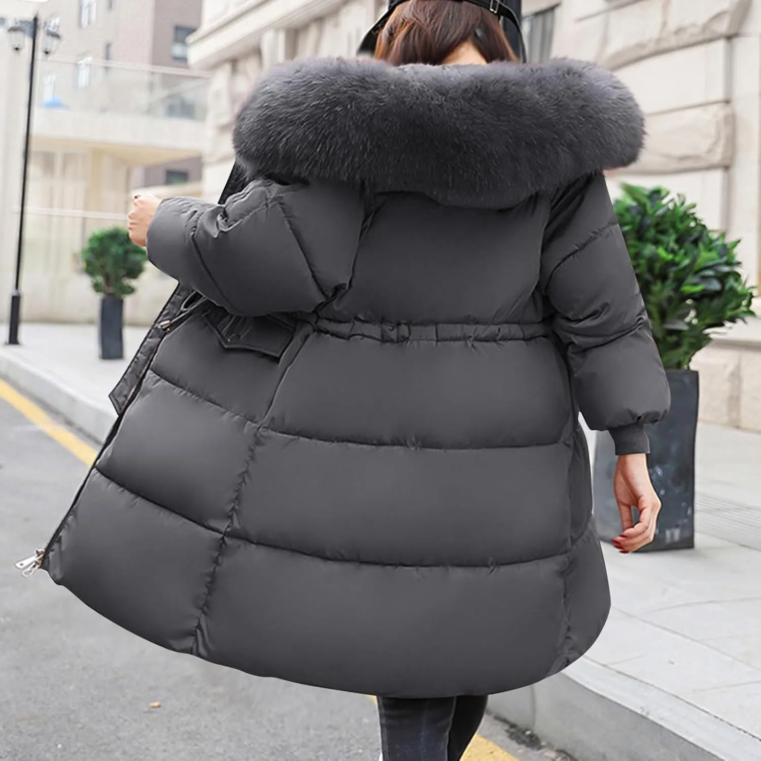 Women's Thicken Faux Fur Hooded Coats Plus Size Tunic Drawstring Zip Up Puffer Jacket Winter Trendy Warm Down Jackets