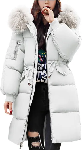 Women's Thicken Faux Fur Hooded Coats Plus Size Tunic Drawstring Zip Up Puffer Jacket Winter Trendy Warm Down Jackets