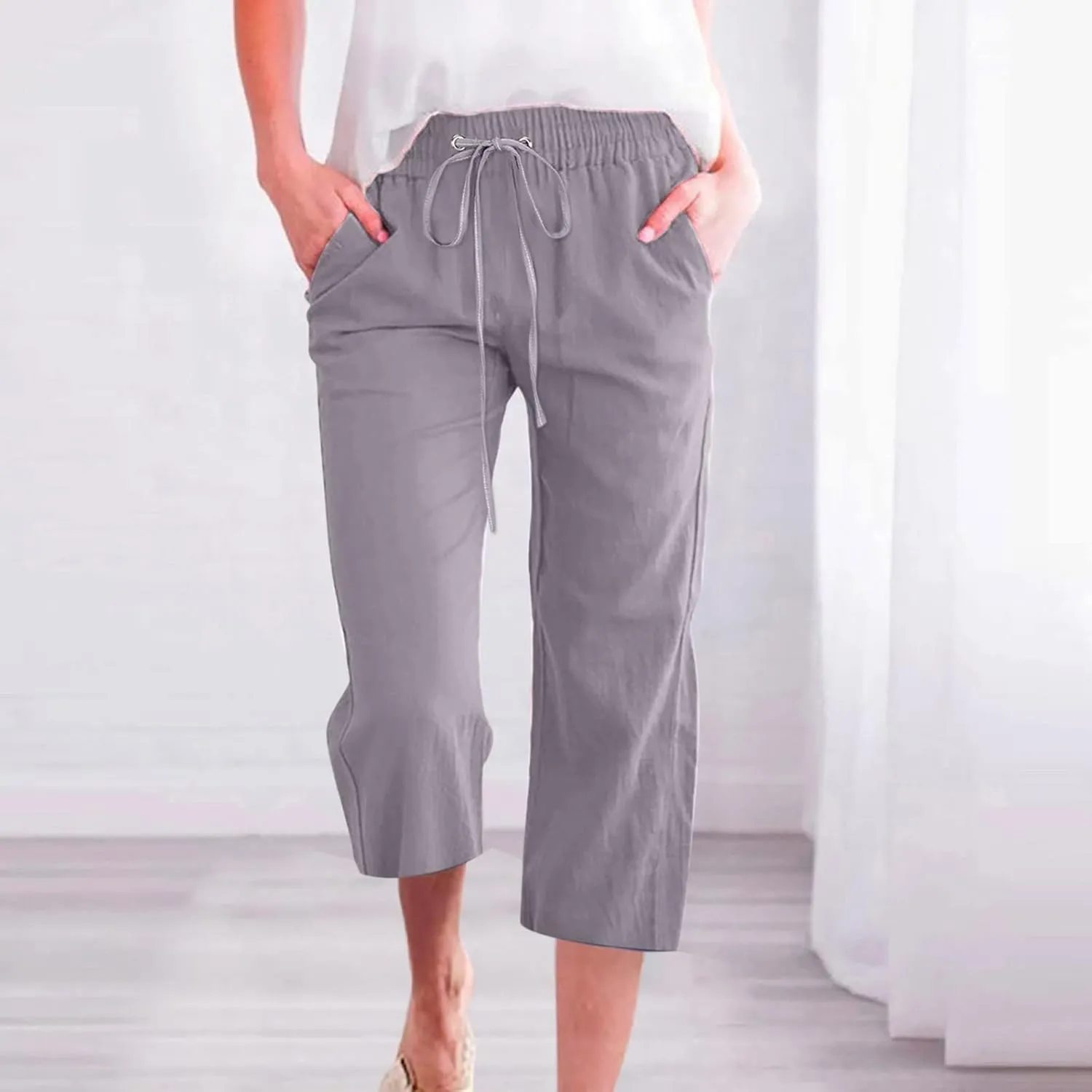 YOLAI Capri Pants for Women Casual Summer Drawstring Elastic High Waist Linen Pant Straight Wide Leg Cropped Trouser