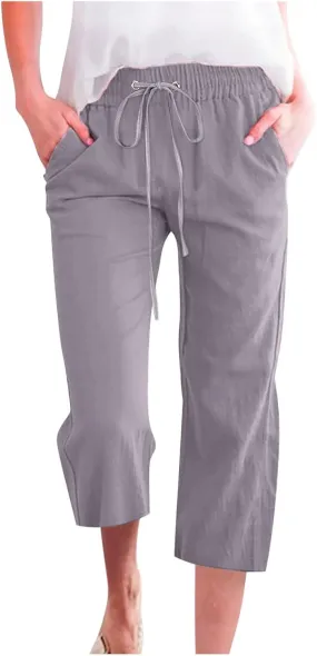 YOLAI Capri Pants for Women Casual Summer Drawstring Elastic High Waist Linen Pant Straight Wide Leg Cropped Trouser