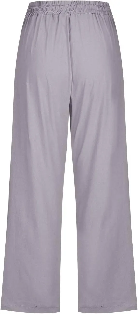 YOLAI Capri Pants for Women Casual Summer Drawstring Elastic High Waist Linen Pant Straight Wide Leg Cropped Trouser