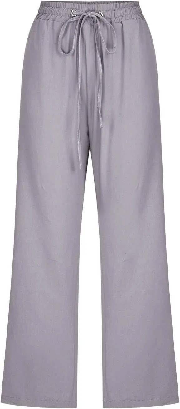 YOLAI Capri Pants for Women Casual Summer Drawstring Elastic High Waist Linen Pant Straight Wide Leg Cropped Trouser