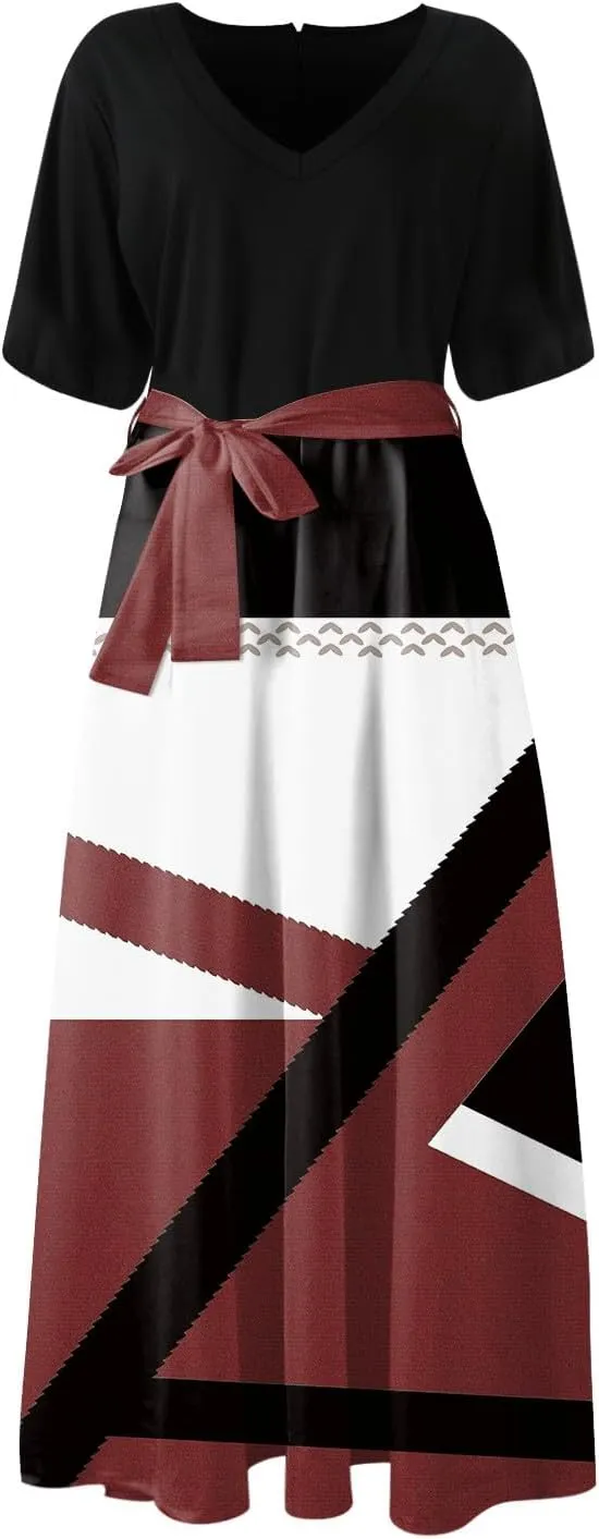 ZEFOTIM Maxi Dress for Women Beach Geometric Dress Short Sleeve V Neck Dresses with Slit